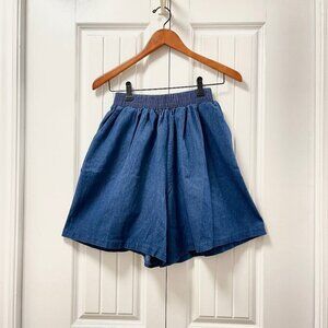High Waist Flouncy Chambray Denim Shorts Navy